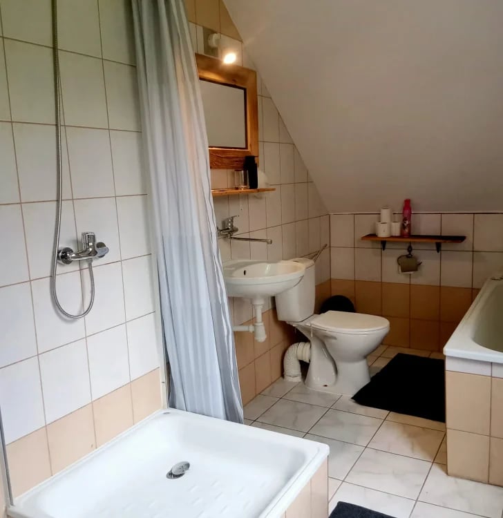 Spacious bathroom with shower cubicle, toilet, sink, and bathtub with neutral tile walls and sloped ceiling