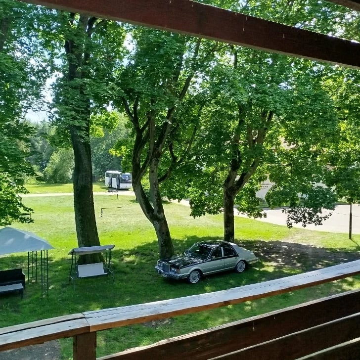 Classic car parked under large trees on a grassy lawn, viewed through a wooden deck railing