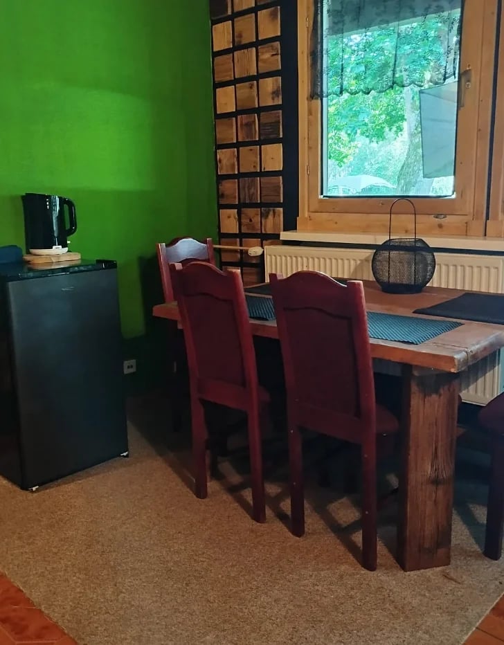 Modern office space with bright green walls, wooden desk with burgundy chairs, black mini fridge, shelving, and large window overlooking greenery
