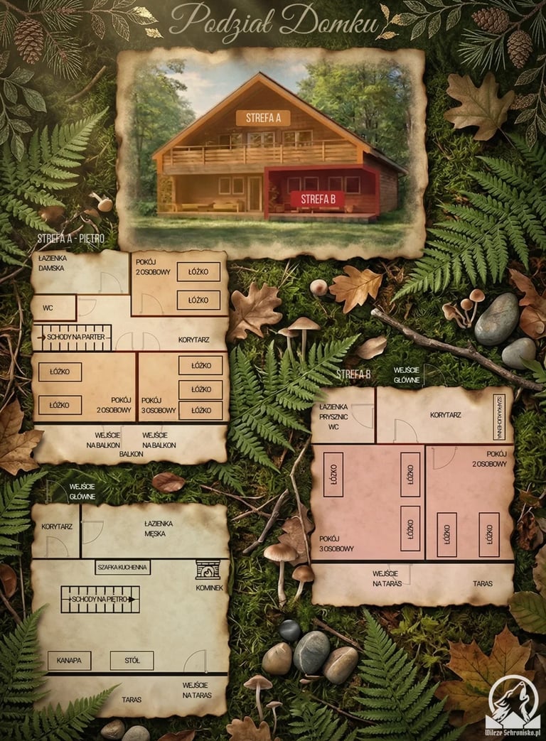 Architectural floor plan diagram of a wooden house with labeled rooms on a fern and botanical decorated background
