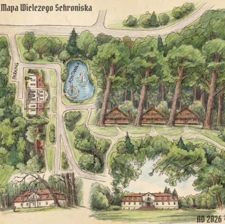 Vintage map of Wieliczka Sanctuary showing buildings, forest, pond, and pathways in a hand-colored illustration