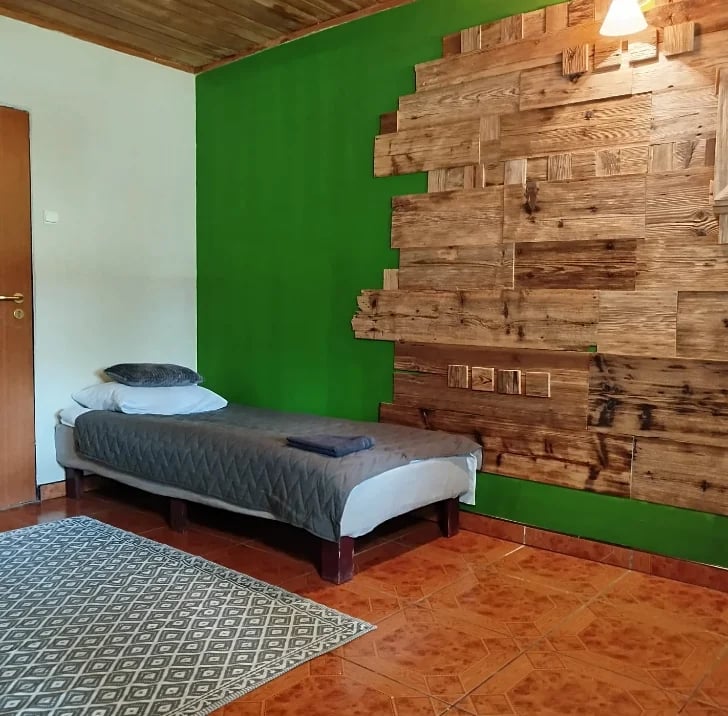 Bedroom with bright green wall, wooden accent wall, single bed with gray bedding, wooden ceiling, and patterned rug on wood floor