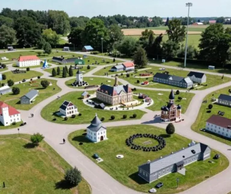 Aerial view of a miniature village park with model buildings, roads, and landscaping surrounded by green fields