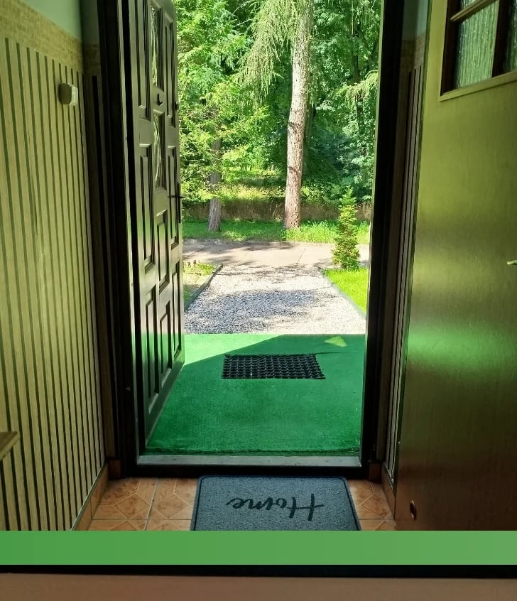 View from interior doorway with green walls and floor mat, looking out to gravel path and forested yard with tall trees
