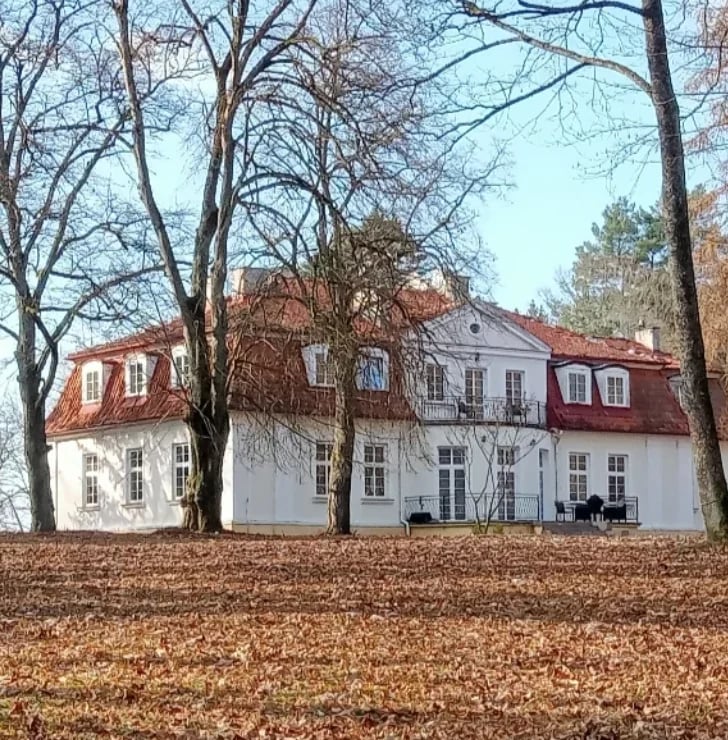 Historic white mansion with red roof and dormers surrounded by bare trees and brown leaves on grounds