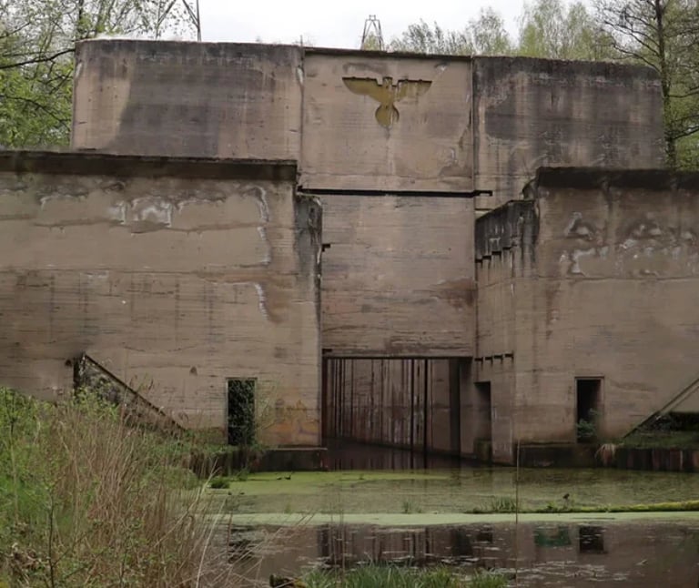 Abandoned concrete fortress structure with water-filled moat and deteriorating walls, surrounded by bare trees and overgrown vegetation